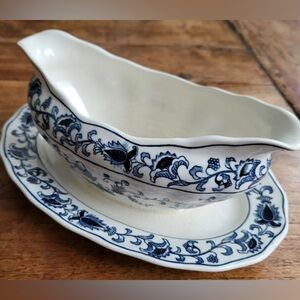 Double Phoenix Attached GRAVY BOAT Blue Onion Ming Tree Nikko Ironstone‎ Japan